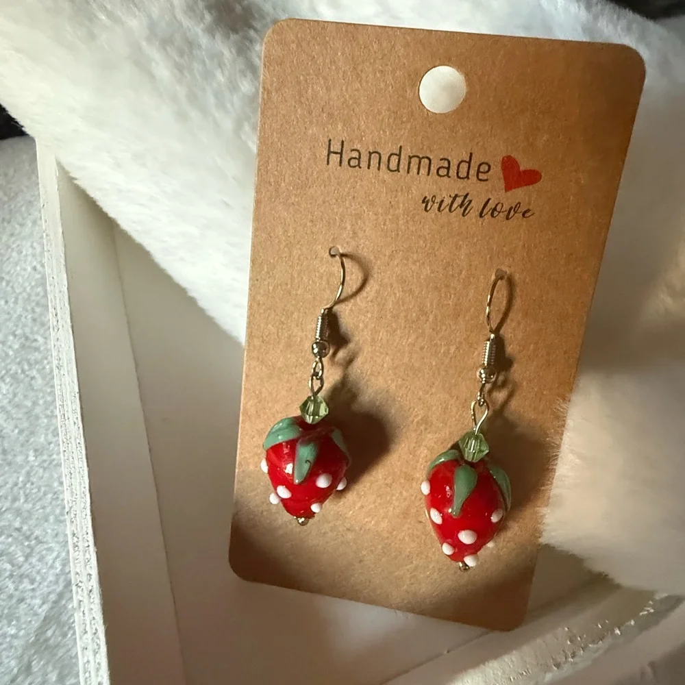 Handmade Strawberry Lampwork Glass Dangle Earrings